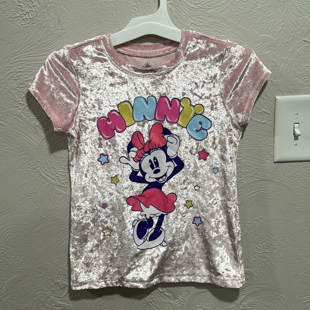 Disney Pink Velvet Minnie Mouse Short Sleeve Shirt Girls Size Medium 7/8